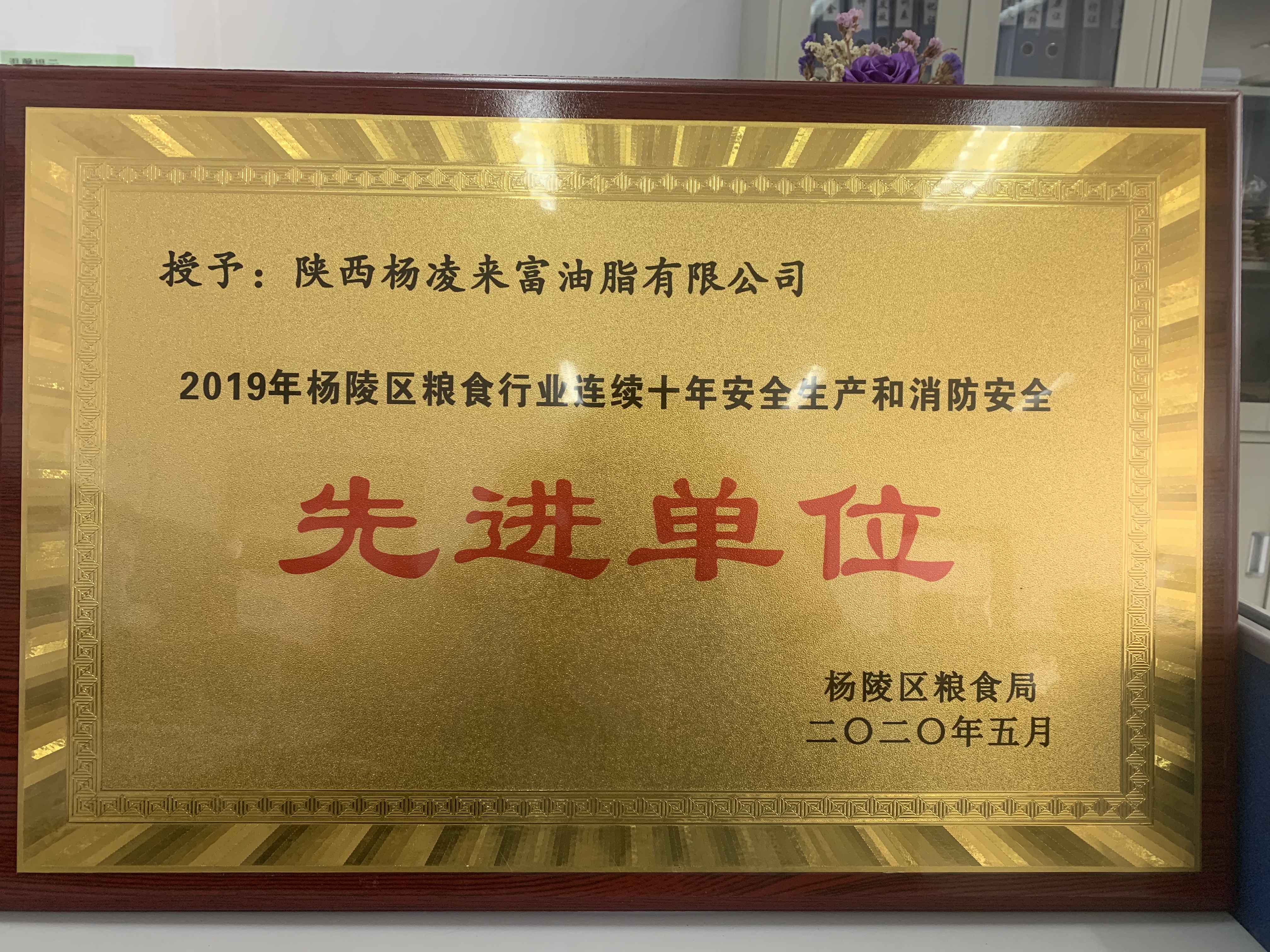 喜報！陜西糧農(nóng)油脂集團楊凌來富公司榮獲楊陵區(qū)糧食行業(yè)連續(xù)十年安全生產(chǎn)和消防安全先進單位